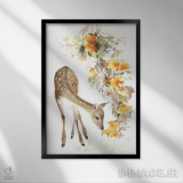 تابلو دکوراتیو آهو با شاخه اثر مارینا ایگناتووا - نمای قابدار مشکی