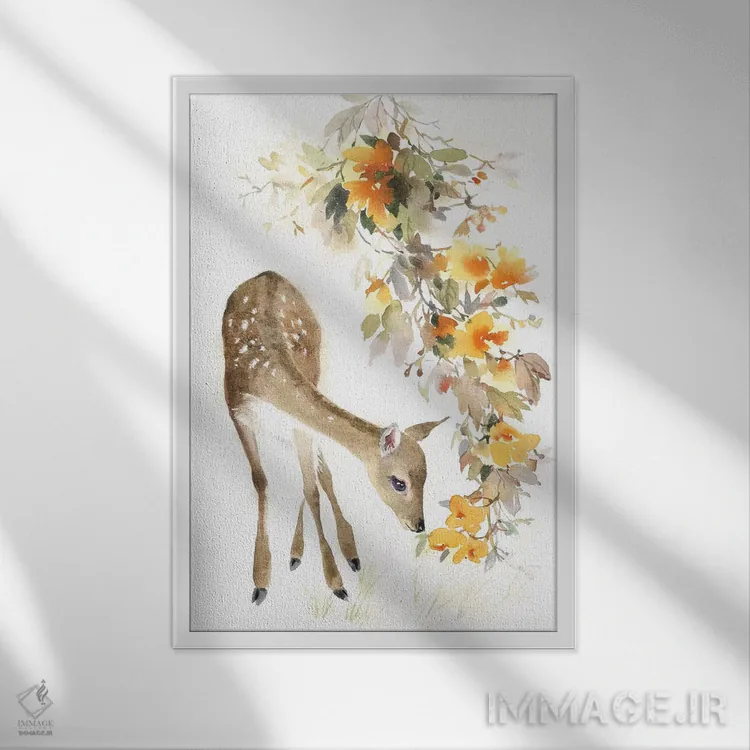 تابلو دکوراتیو آهو با شاخه اثر مارینا ایگناتووا - نمای قابدار سفید