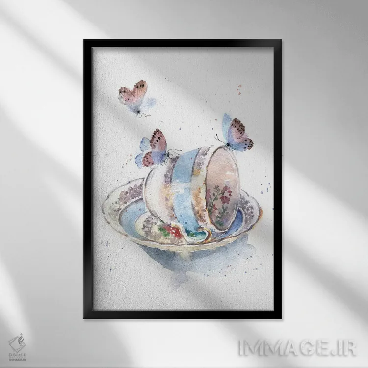 تابلو دکوراتیو فنجان با پروانه ها اثر مارینا ایگناتووا - نمای قابدار مشکی