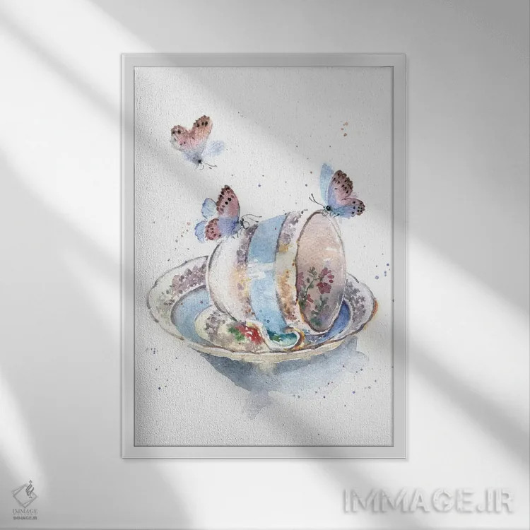 تابلو دکوراتیو فنجان با پروانه ها اثر مارینا ایگناتووا - نمای قابدار سفید
