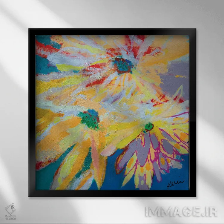 تابلو دکوراتیو سه گل آفتابگردان اثر کری مک کیب - نمای قابدار مشکی