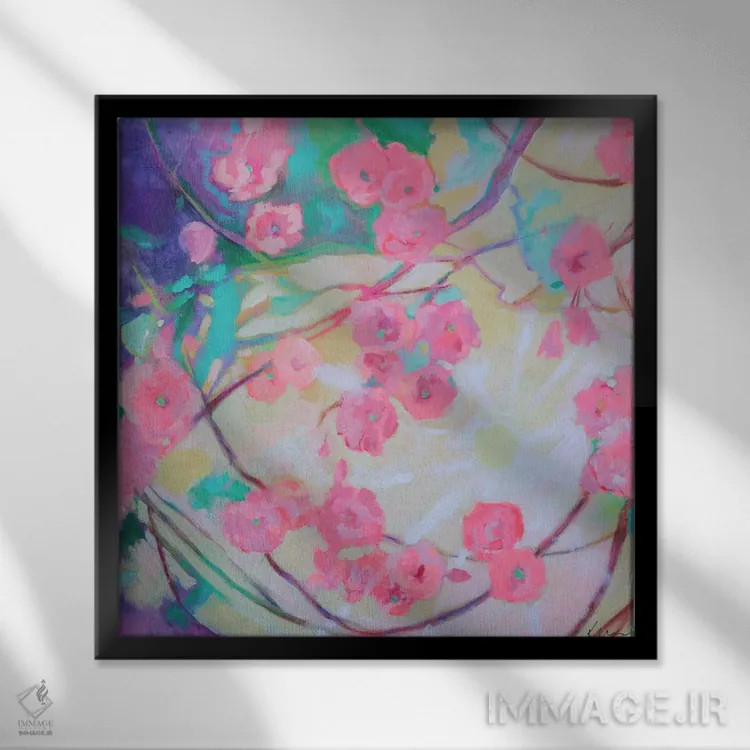 تابلو انتزاعی آفتاب شکوفه های گیلاس اثر کری مک کیب - نمای قابدار مشکی