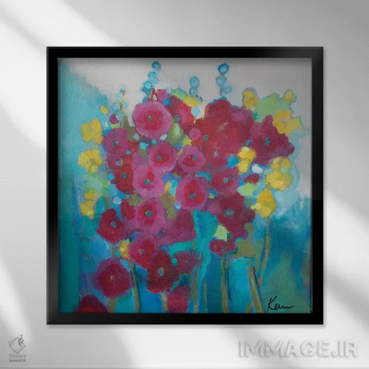 تابلو انتزاعی شادمانی گل ختمی اثر کری مک کیب - نمای قابدار مشکی