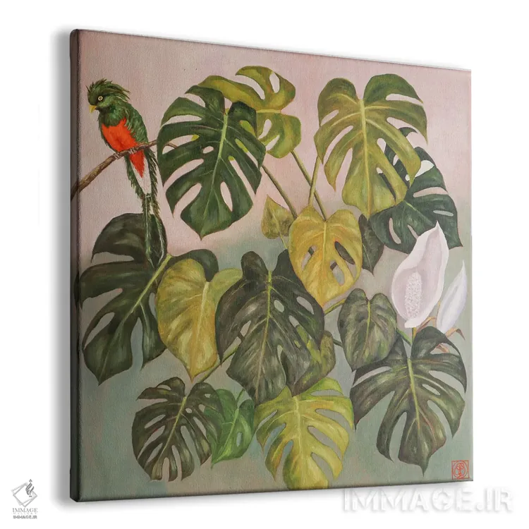 تابلو دکوراتیو برگ منسرا با طوطی اثر کاتیا بلینی - نمای پرسپکتیو محصول