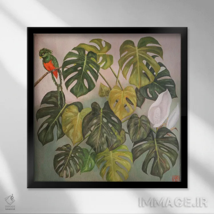 تابلو دکوراتیو برگ منسرا با طوطی اثر کاتیا بلینی - نمای قابدار مشکی