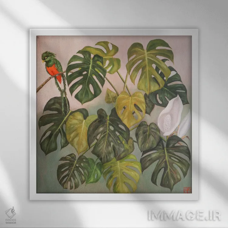 تابلو دکوراتیو برگ منسرا با طوطی اثر کاتیا بلینی - نمای قابدار سفید