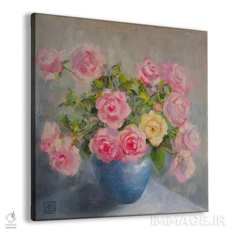 تابلو مدرن رزها در گلدان آبی اثر کاتیا بلینی - نمای پرسپکتیو محصول