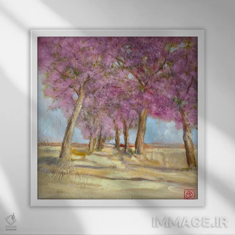 تابلو مدرن کوچه درختان شکوفا اثر کاتیا بلینی - نمای قابدار سفید