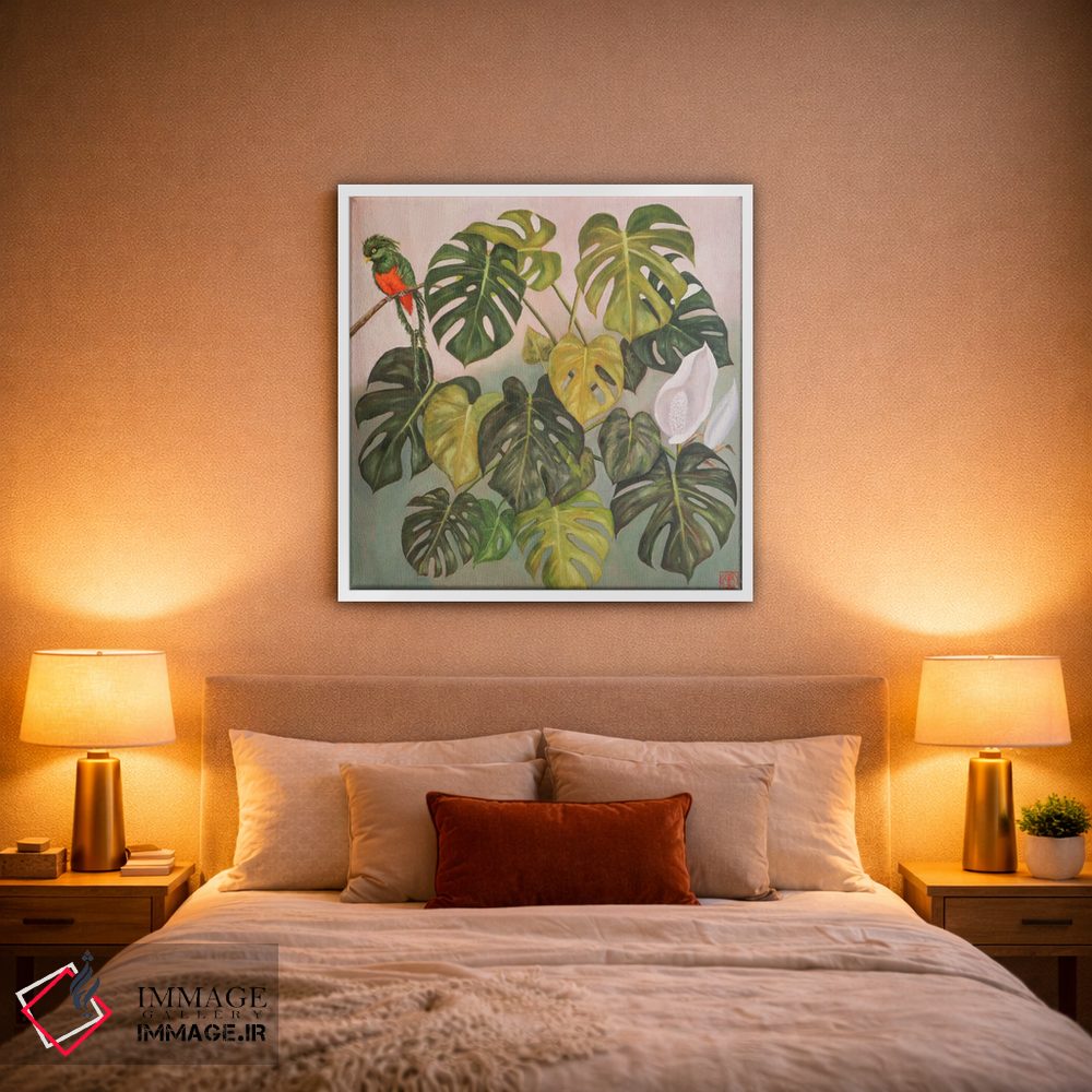 تابلو دکوراتیو برگ منسرا با طوطی اثر کاتیا بلینی - D1W