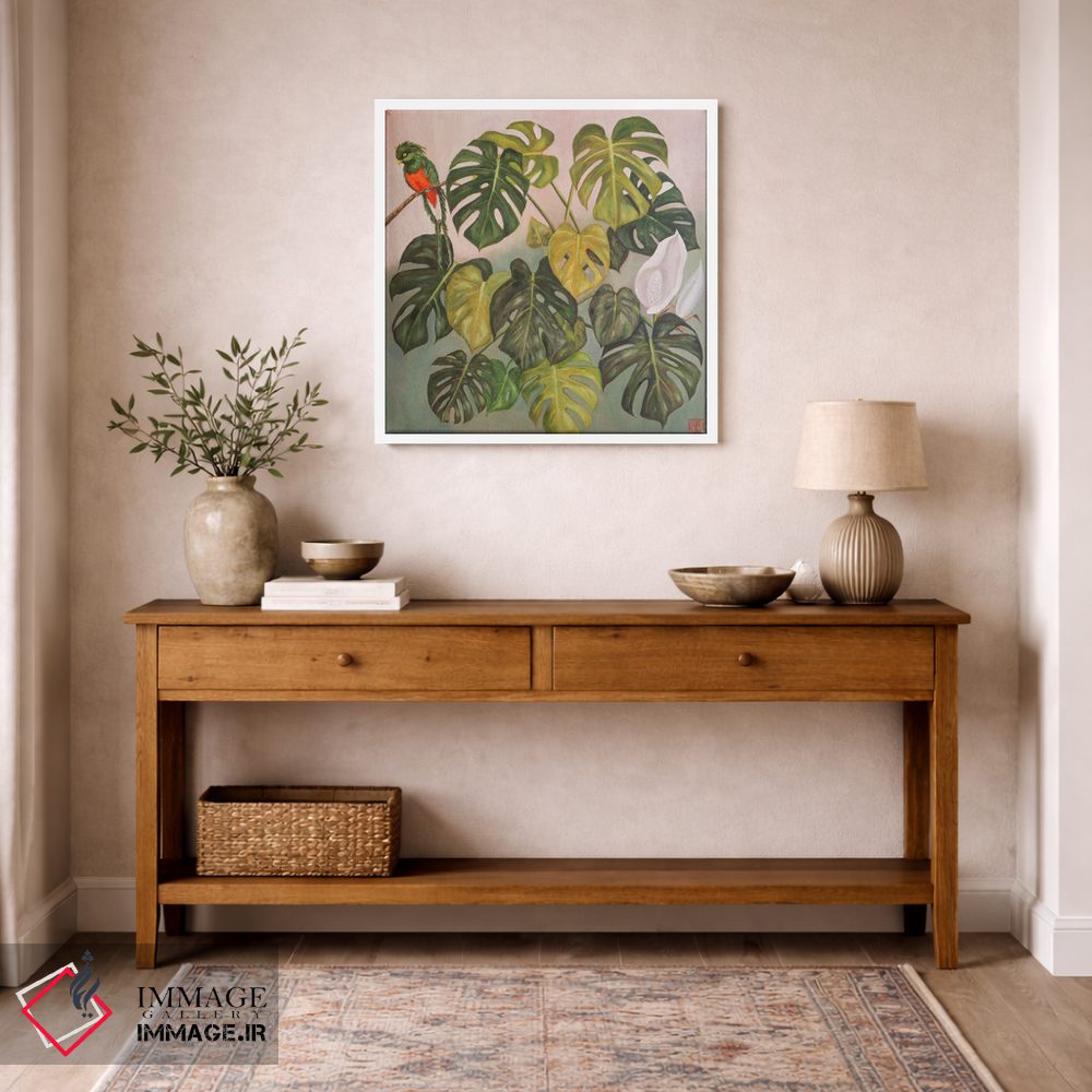 تابلو دکوراتیو برگ منسرا با طوطی اثر کاتیا بلینی - D4W
