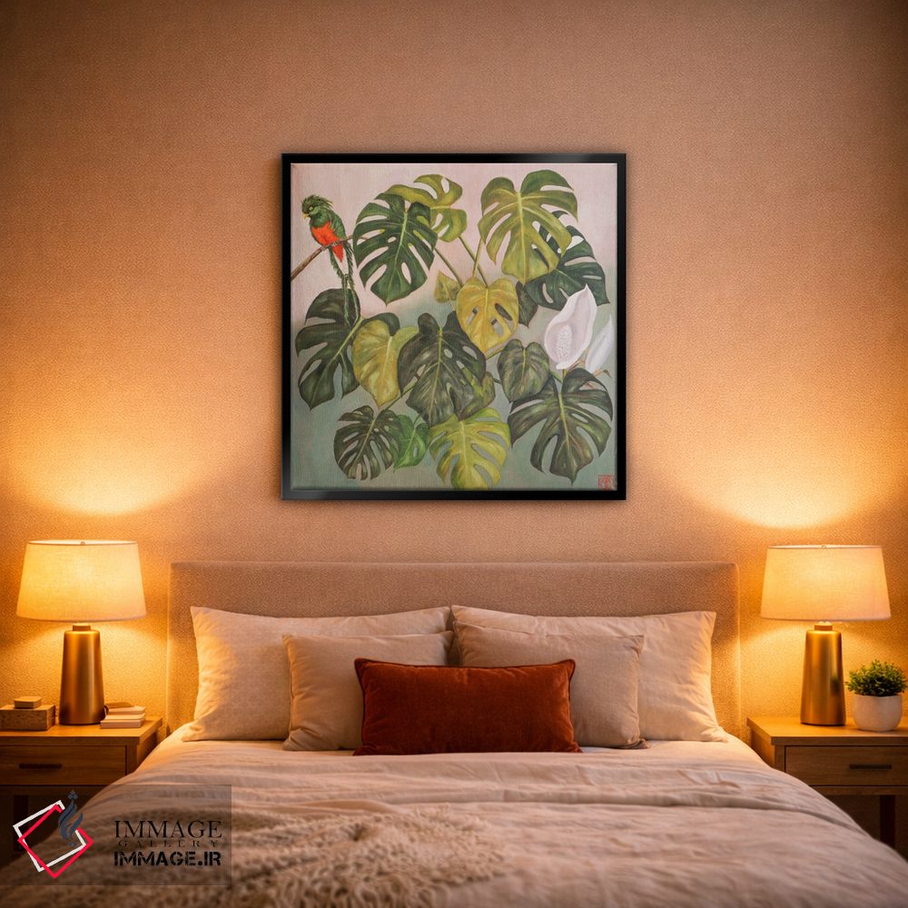 تابلو دکوراتیو برگ منسرا با طوطی اثر کاتیا بلینی - D2B