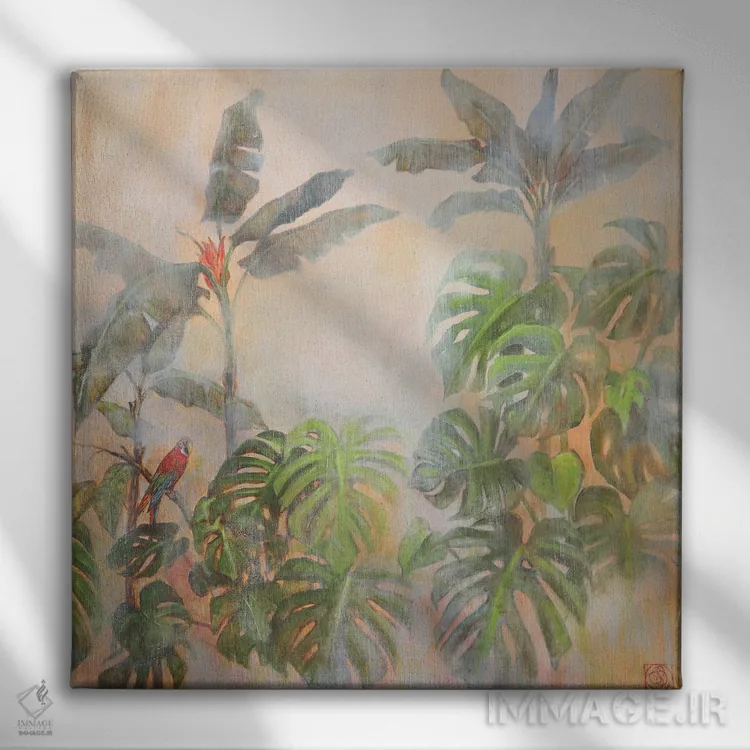 تابلو دکوراتیو منظره استوایی با طوطی اثر کاتیا بلینی - نمای روبهرو روی دیوار