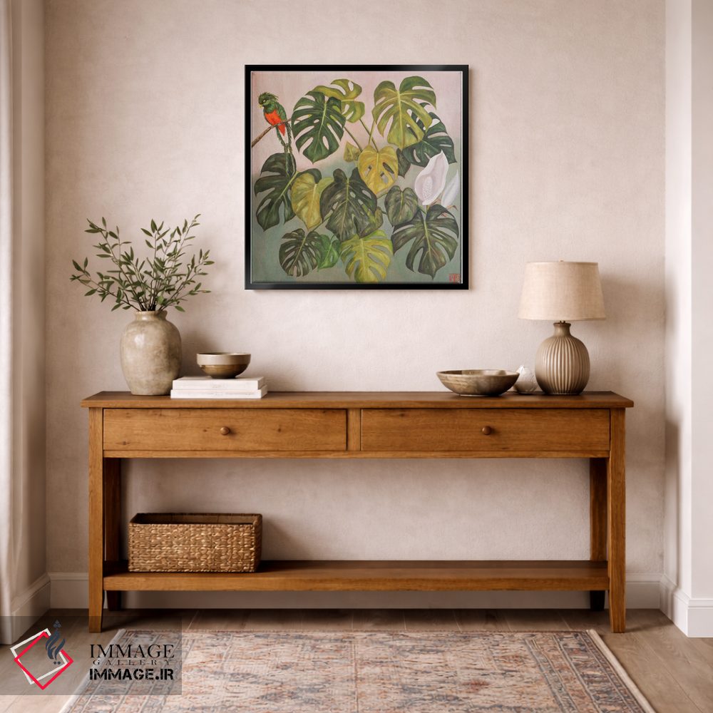 تابلو دکوراتیو برگ منسرا با طوطی اثر کاتیا بلینی - D5B