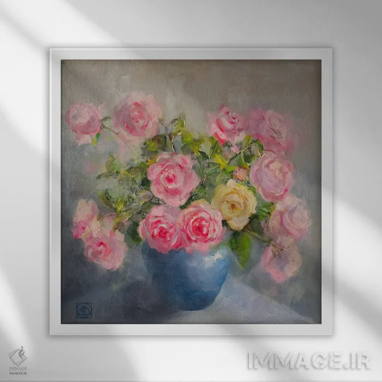 تابلو مدرن رزها در گلدان آبی اثر کاتیا بلینی - نمای قابدار سفید