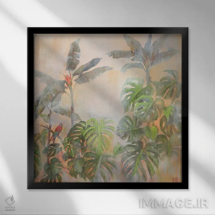 تابلو دکوراتیو منظره استوایی با طوطی اثر کاتیا بلینی - نمای قابدار مشکی