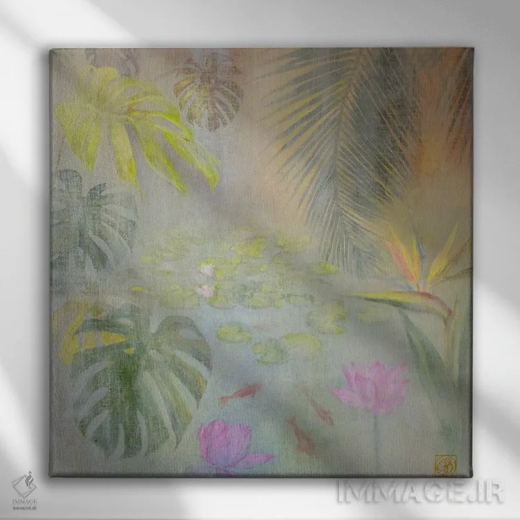 تابلو دکوراتیو برکه نیلوفر آبی اثر کاتیا بلینی - نمای روبهرو روی دیوار