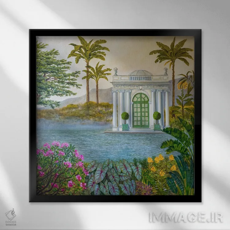 تابلو دکوراتیو باغ گیاه شناسی با گلخانه اثر کاتیا بلینی - نمای قابدار مشکی