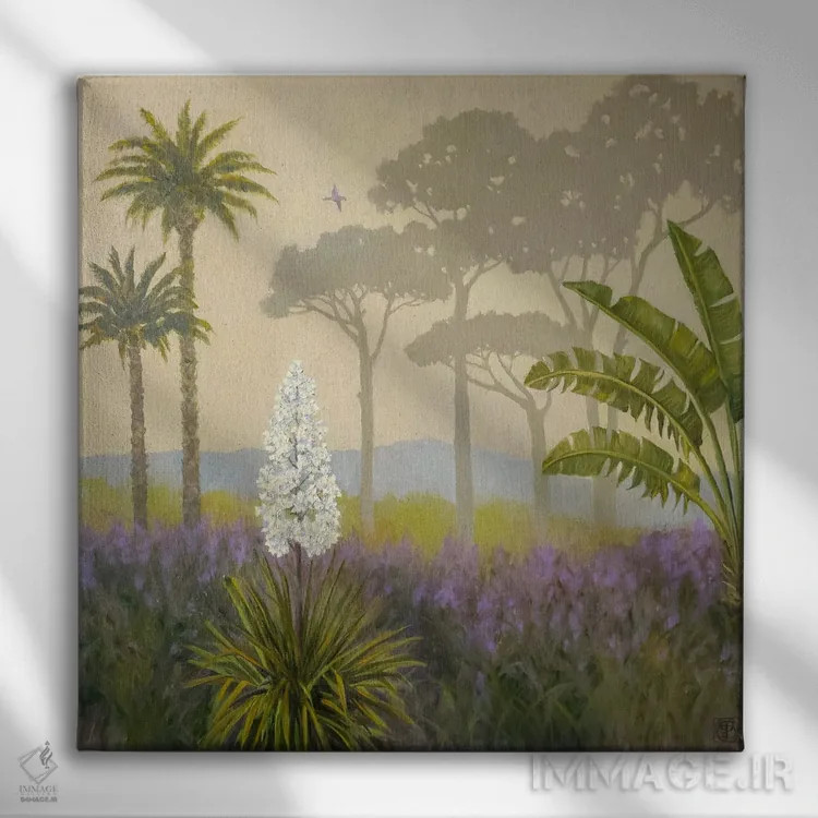 تابلو دکوراتیو منظره ای استوایی و مه آلود اثر کاتیا بلینی - نمای روبهرو روی دیوار