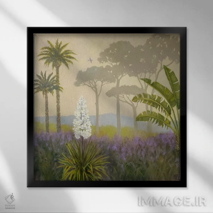 تابلو دکوراتیو منظره ای استوایی و مه آلود اثر کاتیا بلینی - نمای قابدار مشکی