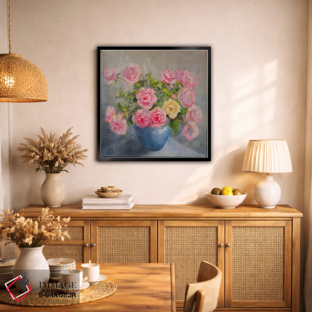تابلو مدرن رزها در گلدان آبی اثر کاتیا بلینی - D2B