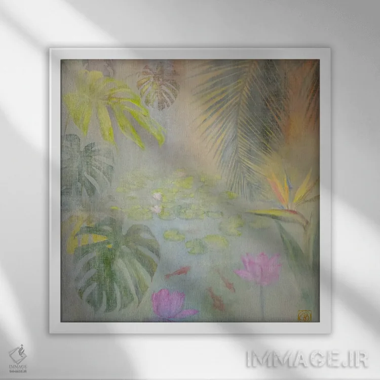 تابلو دکوراتیو برکه نیلوفر آبی اثر کاتیا بلینی - نمای قابدار سفید