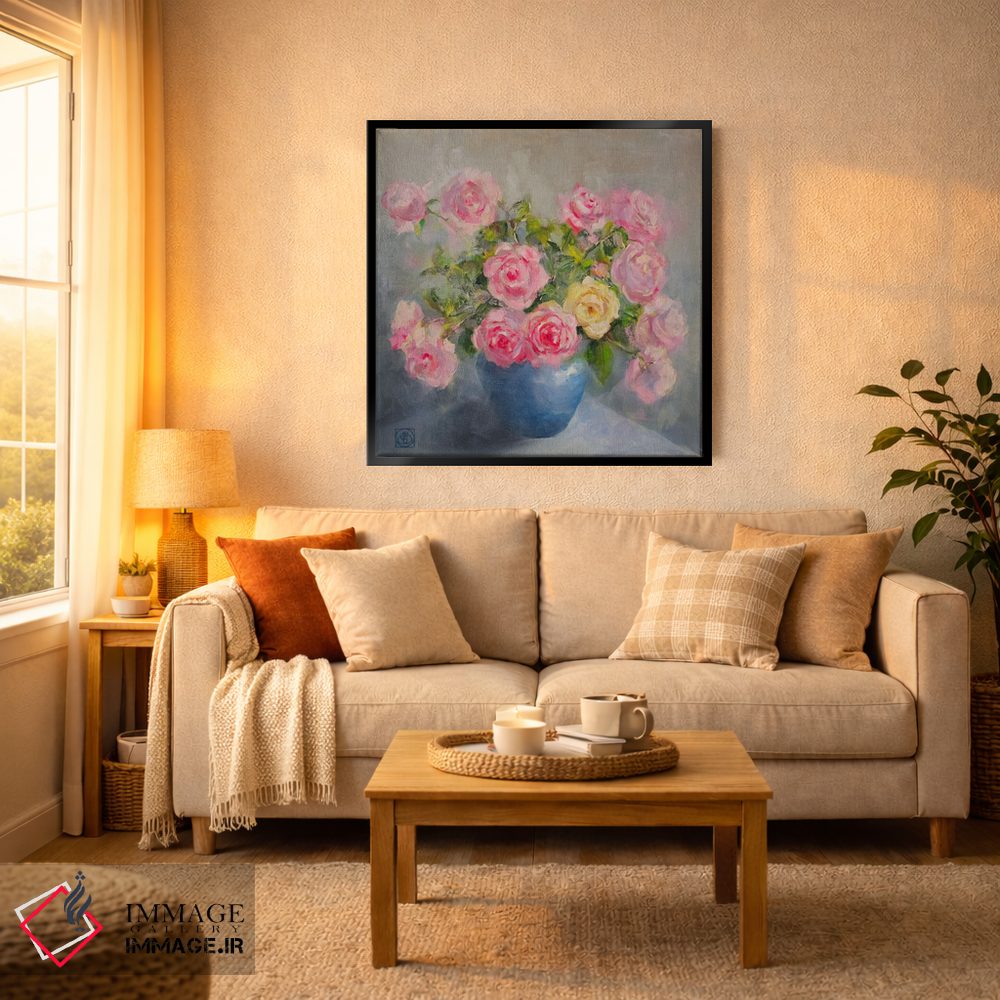 تابلو مدرن رزها در گلدان آبی اثر کاتیا بلینی - D5B