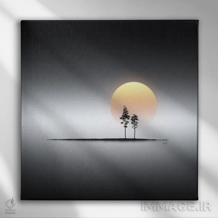 تابلو مینیمال جزیره های کوچک و غروب طلایی زودگذر اثر کاترین فدرر - نمای روبهرو روی دیوار