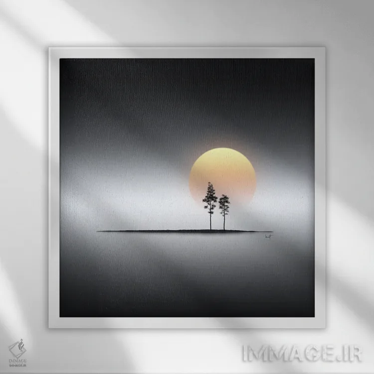 تابلو مینیمال جزیره های کوچک و غروب طلایی زودگذر اثر کاترین فدرر - نمای قابدار سفید