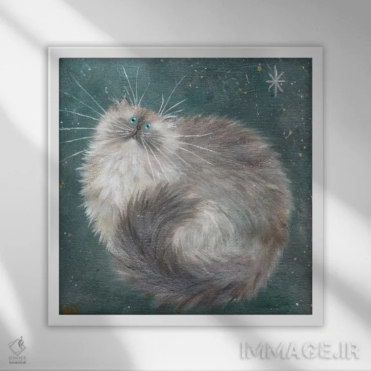 تابلو دکوراتیو طرح نقره ای روی سبزآبی اثر کیم هاسکینز - نمای قابدار سفید