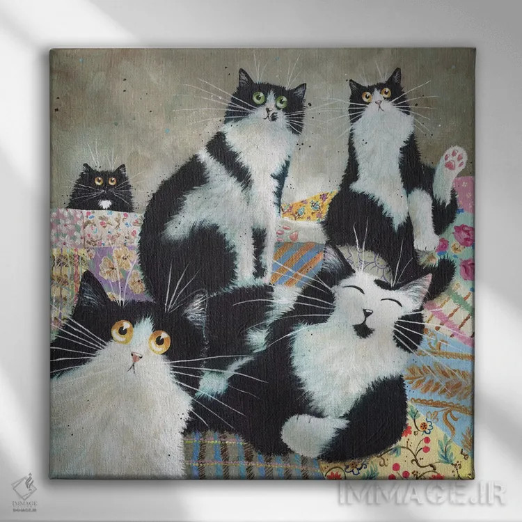تابلو دکوراتیو گربه های وصله دوزی شده اثر کیم هاسکینز - نمای روبهرو روی دیوار