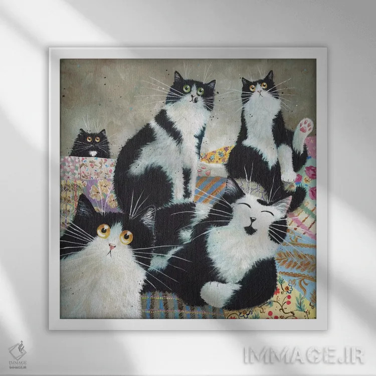 تابلو دکوراتیو گربه های وصله دوزی شده اثر کیم هاسکینز - نمای قابدار سفید
