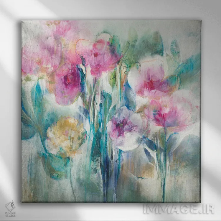 تابلو انتزاعی گل صدتومانی اثر کی. ناری - نمای روبهرو روی دیوار