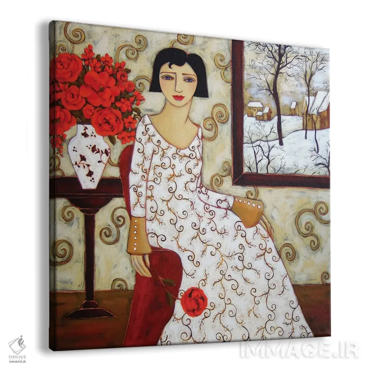 تابلو دکوراتیو زن با منظره زمستانی و گل رز اثر کارن ریگر - نمای پرسپکتیو محصول
