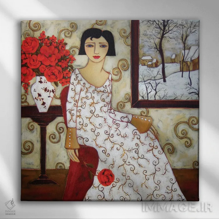 تابلو دکوراتیو زن با منظره زمستانی و گل رز اثر کارن ریگر - نمای روبهرو روی دیوار