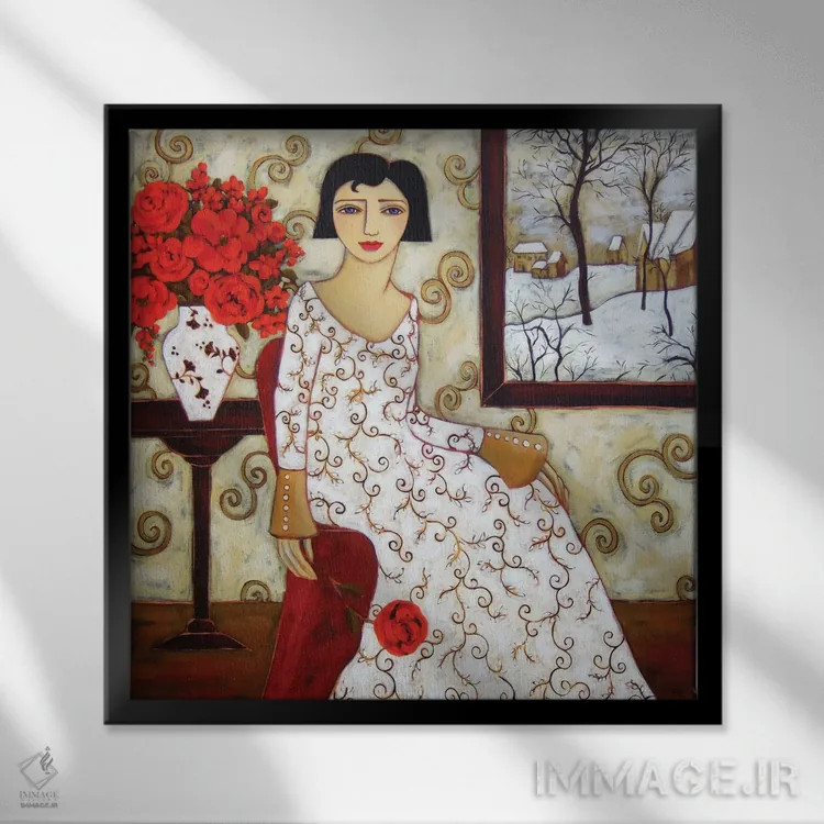 تابلو دکوراتیو زن با منظره زمستانی و گل رز اثر کارن ریگر - نمای قابدار مشکی