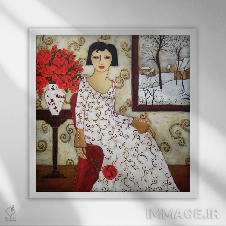 تابلو دکوراتیو زن با منظره زمستانی و گل رز اثر کارن ریگر - نمای قابدار سفید