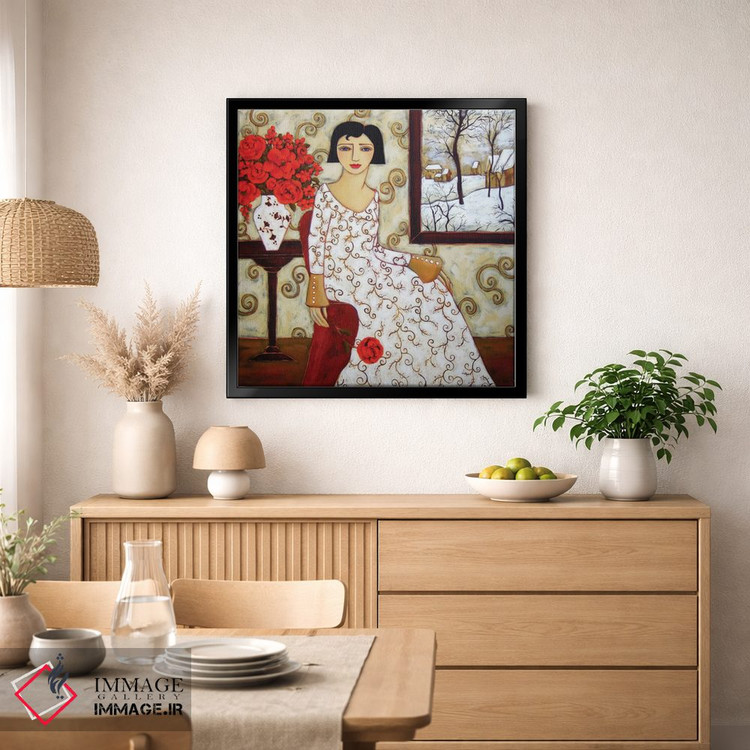 تابلو دکوراتیو زن با منظره زمستانی و گل رز اثر کارن ریگر - D1B