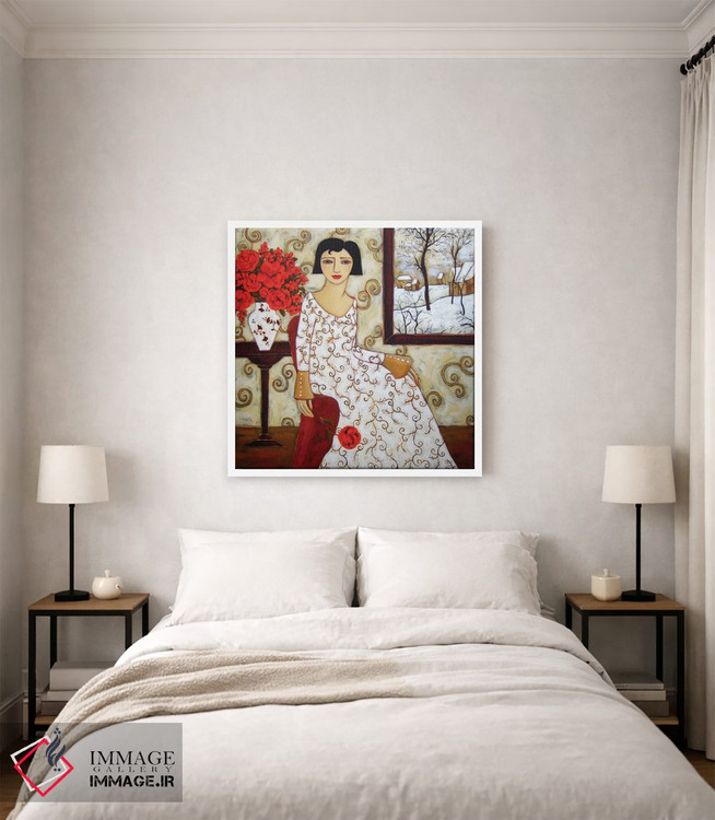 تابلو دکوراتیو زن با منظره زمستانی و گل رز اثر کارن ریگر - D3W
