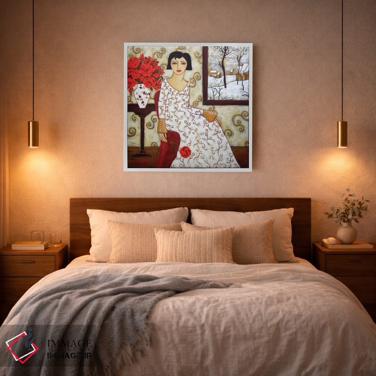 تابلو دکوراتیو زن با منظره زمستانی و گل رز اثر کارن ریگر - D2W