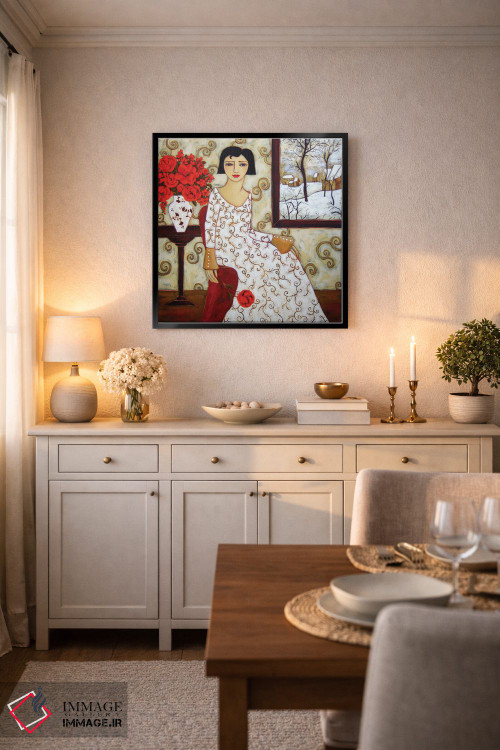 تابلو دکوراتیو زن با منظره زمستانی و گل رز اثر کارن ریگر - D5B