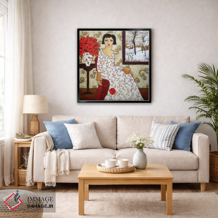 تابلو دکوراتیو زن با منظره زمستانی و گل رز اثر کارن ریگر - D6B