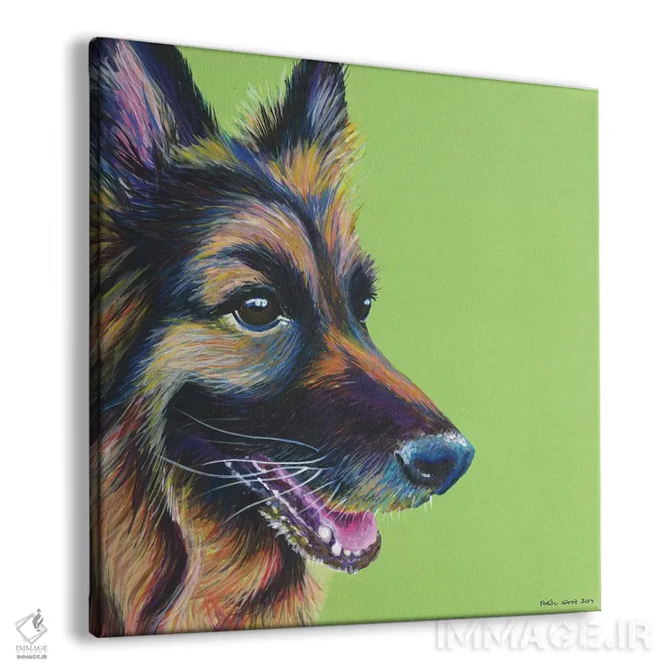 تابلو دکوراتیو ژرمن شپرد روی زمینه سبز لیمویی، مربع اثر کیرستین وود - نمای پرسپکتیو محصول