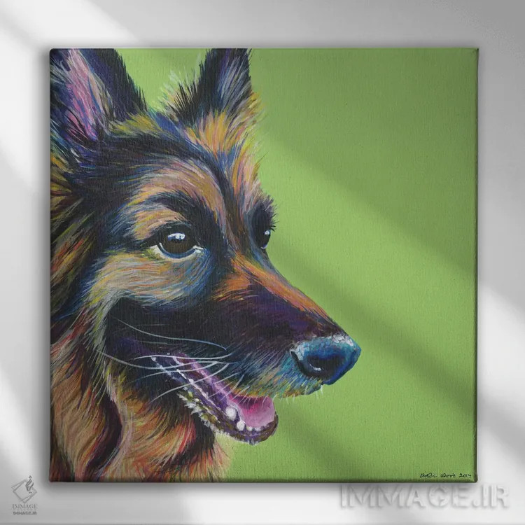 تابلو دکوراتیو ژرمن شپرد روی زمینه سبز لیمویی، مربع اثر کیرستین وود - نمای روبهرو روی دیوار