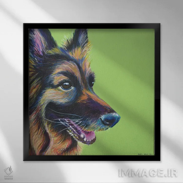 تابلو دکوراتیو ژرمن شپرد روی زمینه سبز لیمویی، مربع اثر کیرستین وود - نمای قابدار مشکی