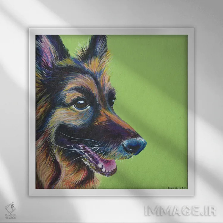 تابلو دکوراتیو ژرمن شپرد روی زمینه سبز لیمویی، مربع اثر کیرستین وود - نمای قابدار سفید