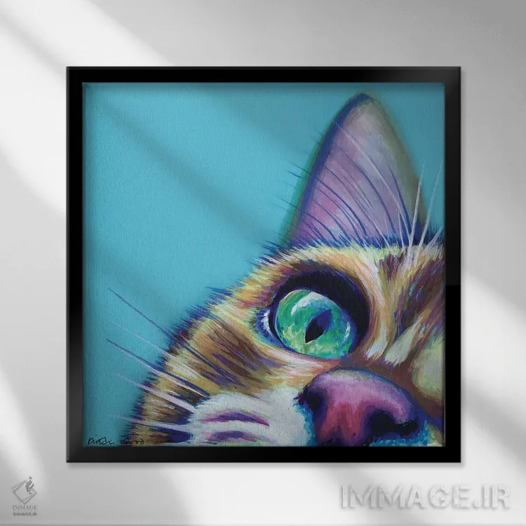 تابلو دکوراتیو سگ قهوه ای روی فیروزه ای اثر کیرستین وود - نمای قابدار مشکی