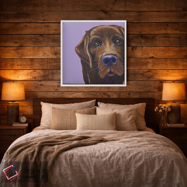 تابلو دکوراتیو لابرادور قهوه ای روی یاسی، مربع اثر کیرستین وود - D2W