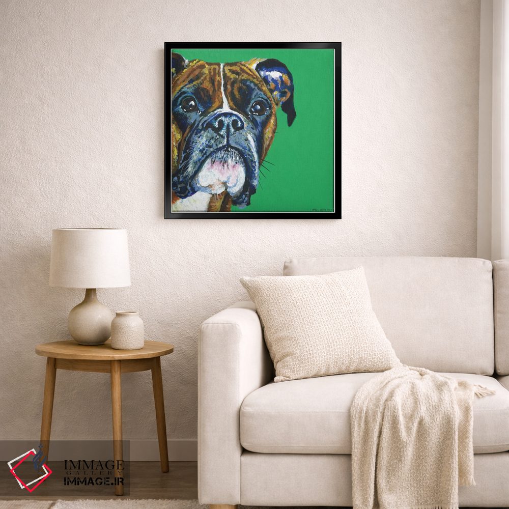 تابلو دکوراتیو باکسر روی زمینه زمردی، مربع اثر کیرستین وود - D6B