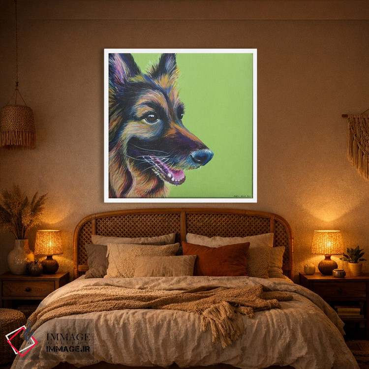 تابلو دکوراتیو ژرمن شپرد روی زمینه سبز لیمویی، مربع اثر کیرستین وود - D1W