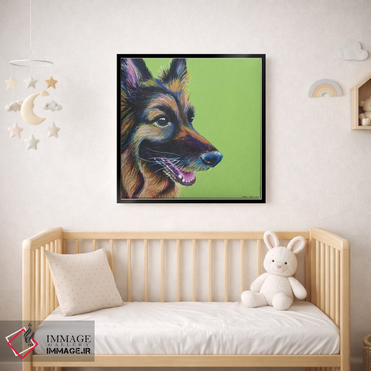 تابلو دکوراتیو ژرمن شپرد روی زمینه سبز لیمویی، مربع اثر کیرستین وود - D2B